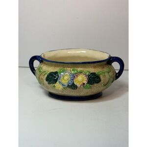 Antique Maruhon Ware Serving Bowl Japan Flowers Relief Handles 1920s 6"x4.5"